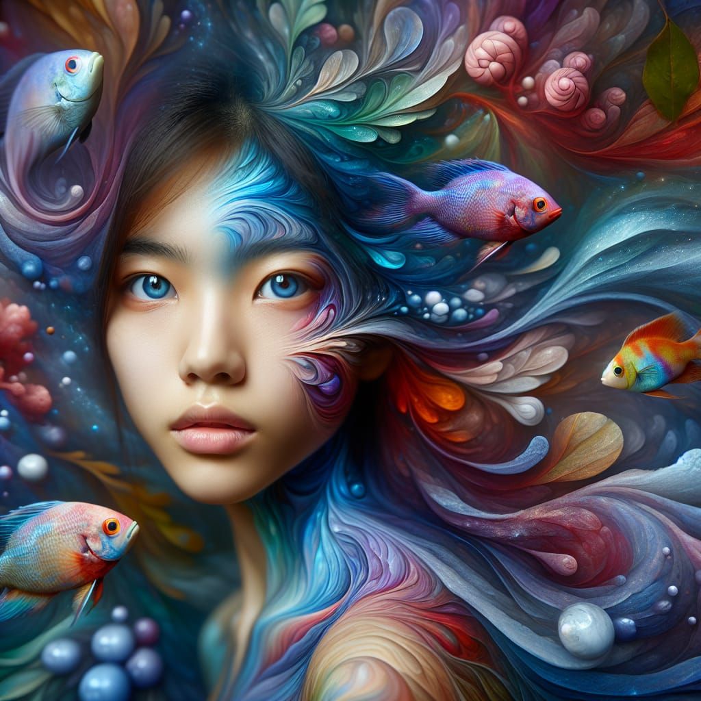 Underwater Dreamscape: Asian Girl Merged with Nature
