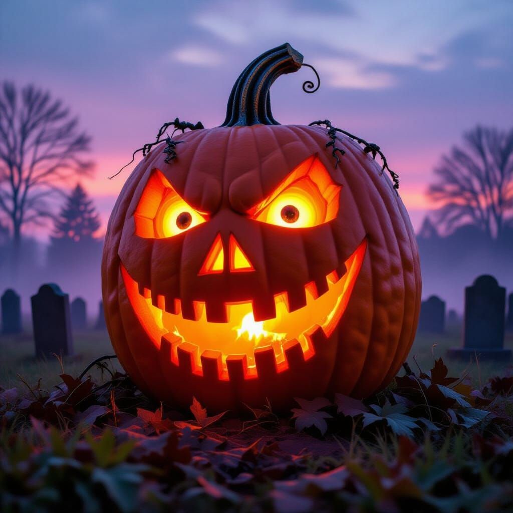 Alien Pumpkin Face Haunts Foggy Cemetery