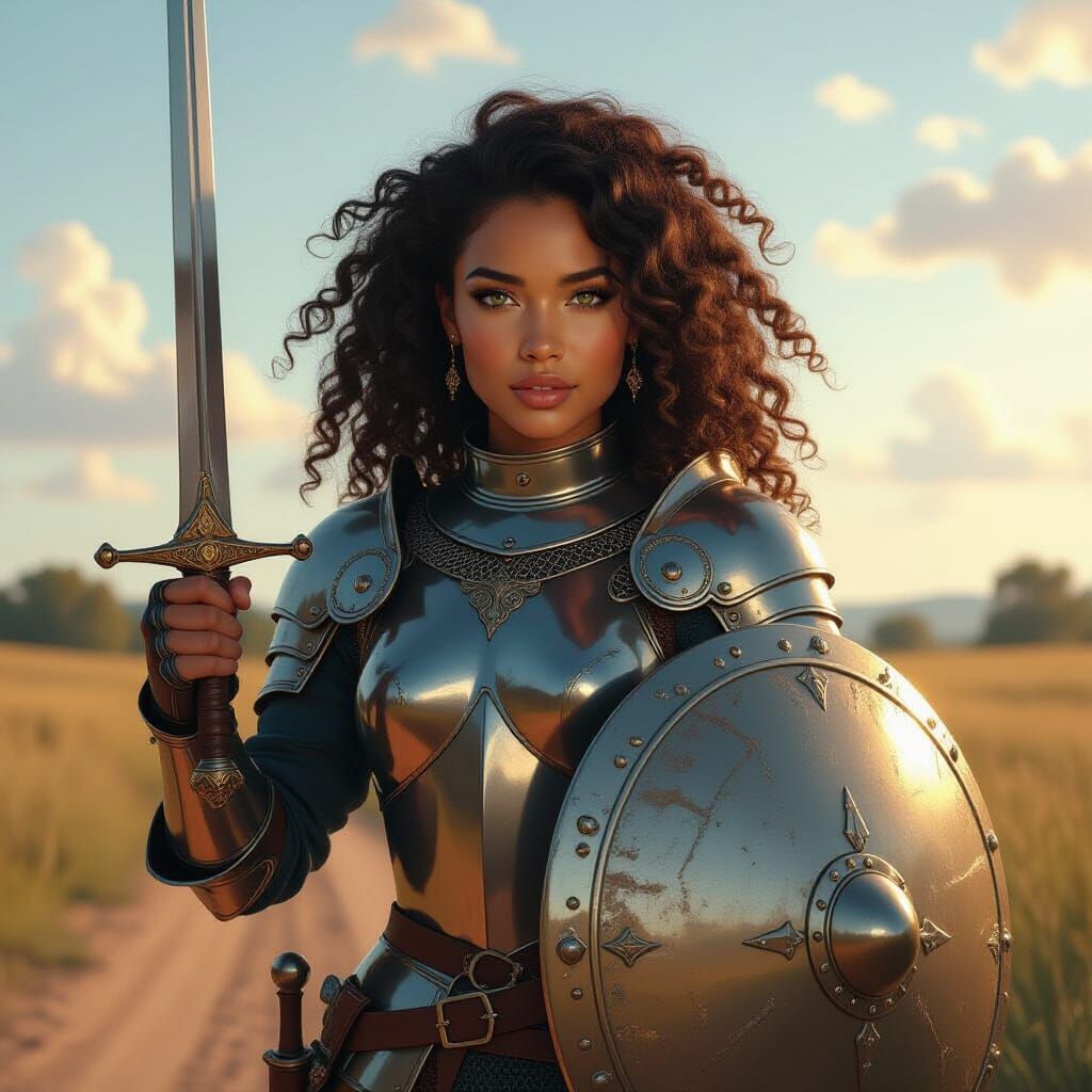 Medieval Fantasy Woman Warrior with Sword and Shield