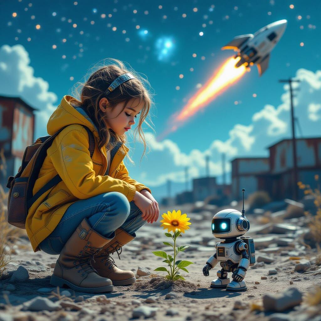 Girl and Robot in Junkyard Under Starry Sky