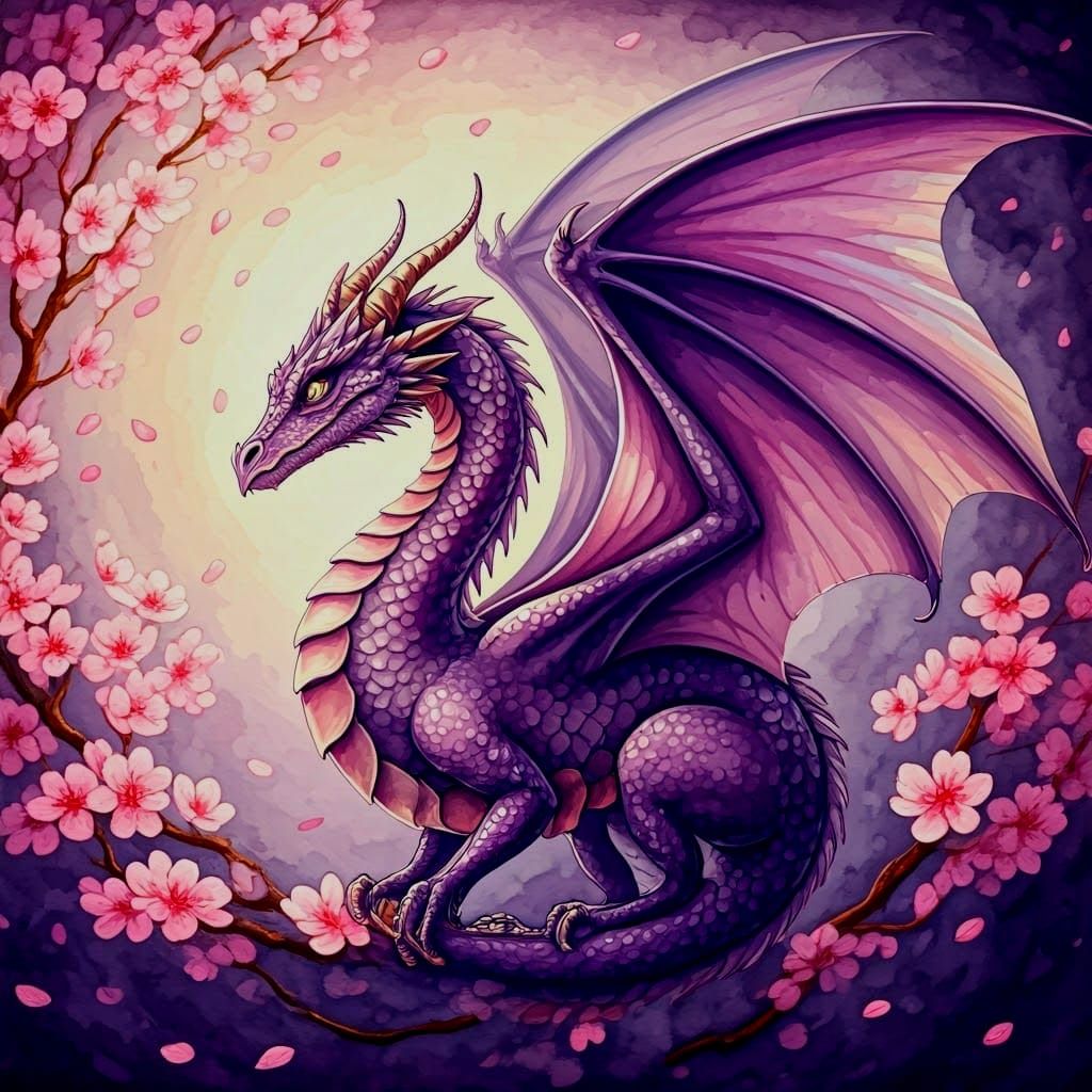 Whimsical Purple Dragon in Cherry Blossoms Watercolor Style