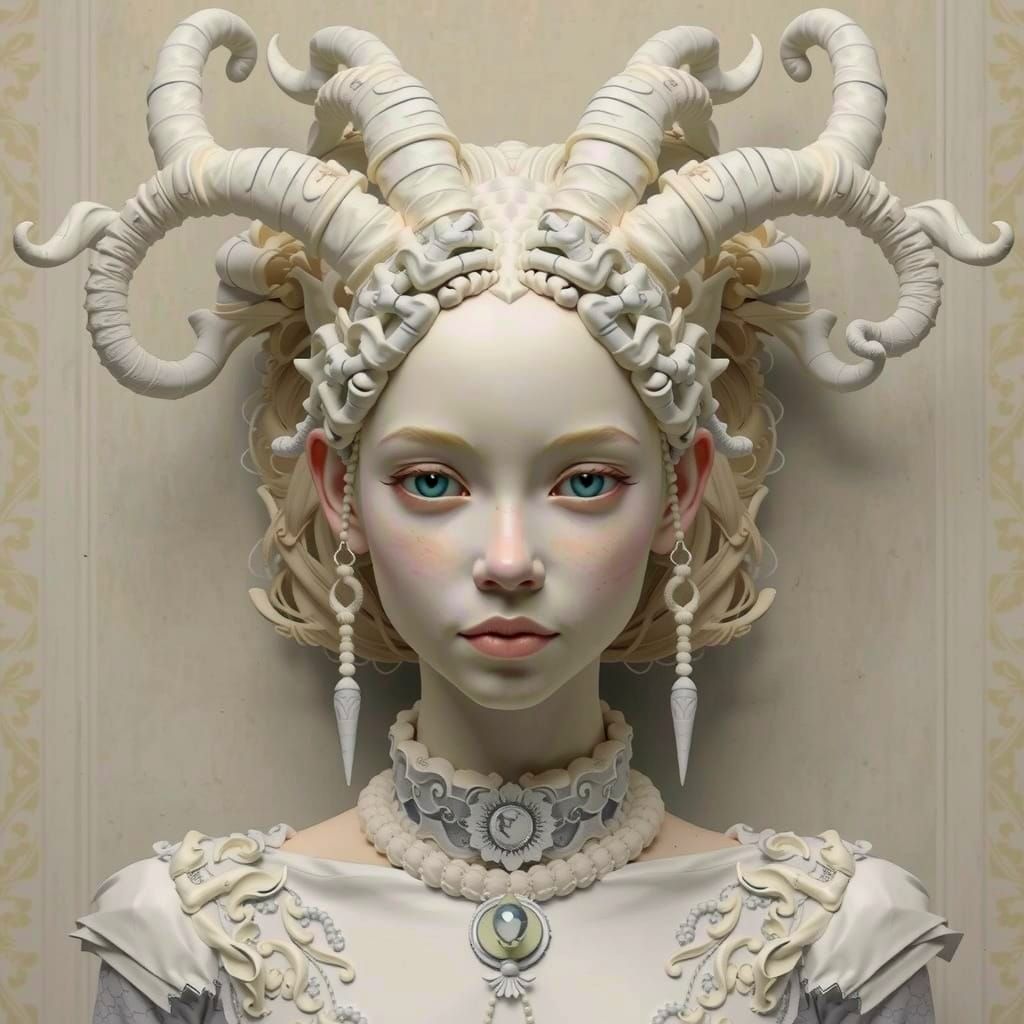 Horned Porcelain Girl with Braided Bone Hair