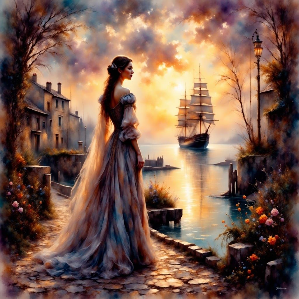Woman on Dock at Sunset: Historical Realism