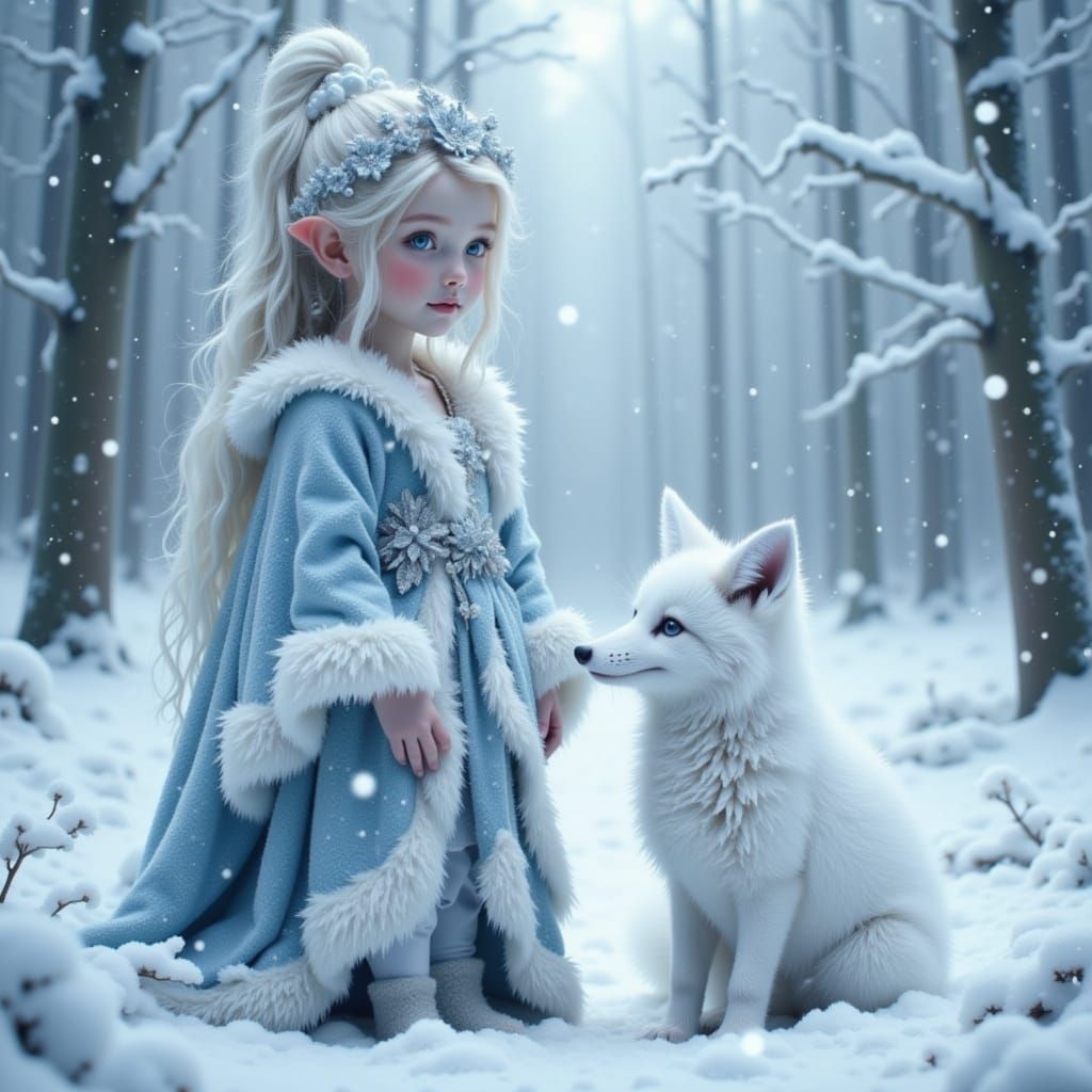 Snow Princess and Arctic Fox in Winter Forest