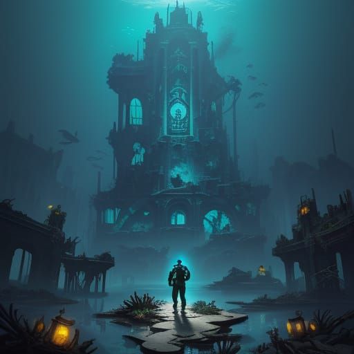 Diver in Sunken City with Bioluminescent Coral