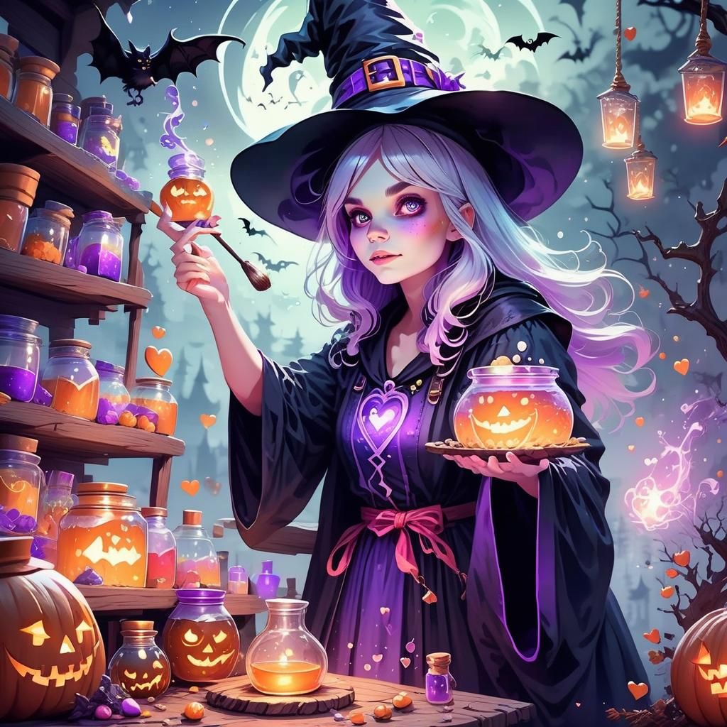 Adorable Witch Brewing Love Potion with Sparkling Fog