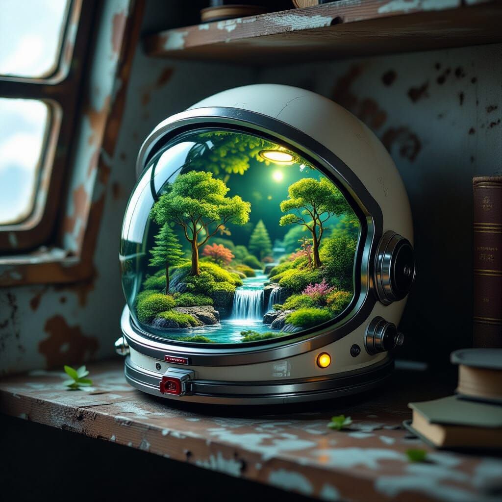 Lush Terrarium Inside Astronaut Helmet: Matte Painting