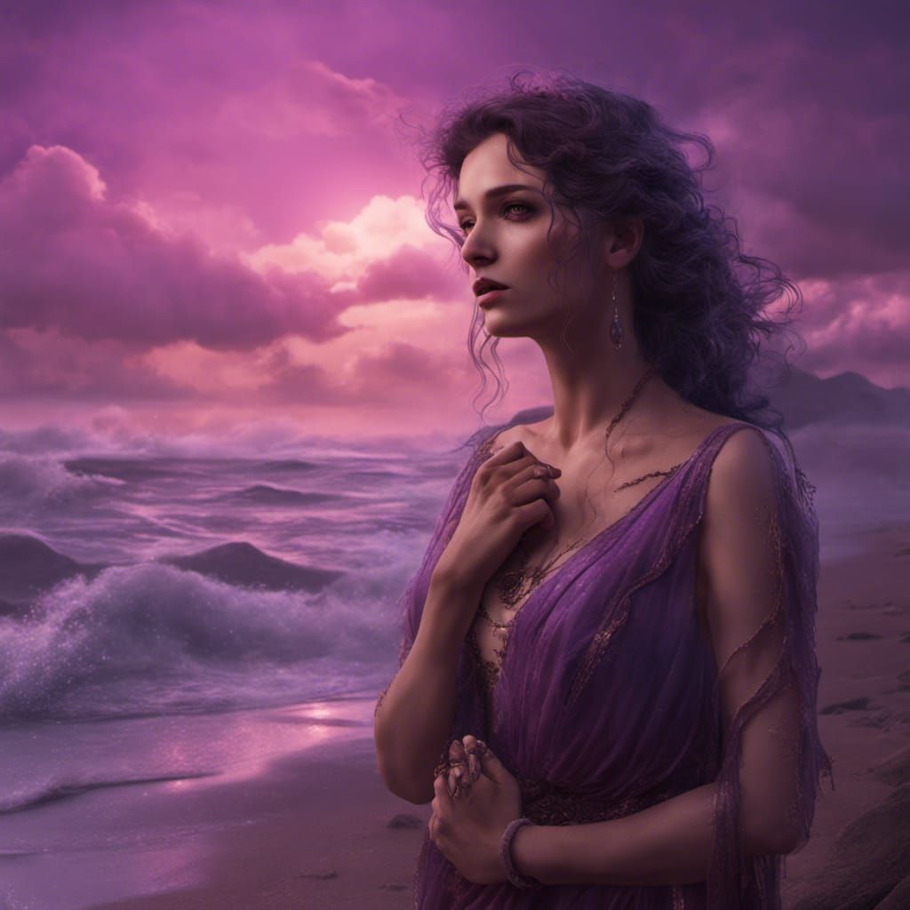 Crying Woman on Purple Beach: Detailed Matte Painting