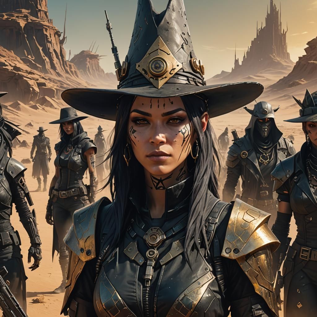 Cyberpunk Witch Leader in Dystopian Landscape