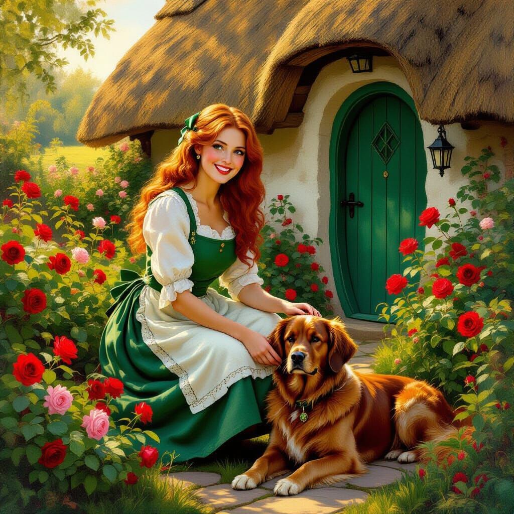 Redhead Irish Woman Tending Garden Near Thatched Cottage