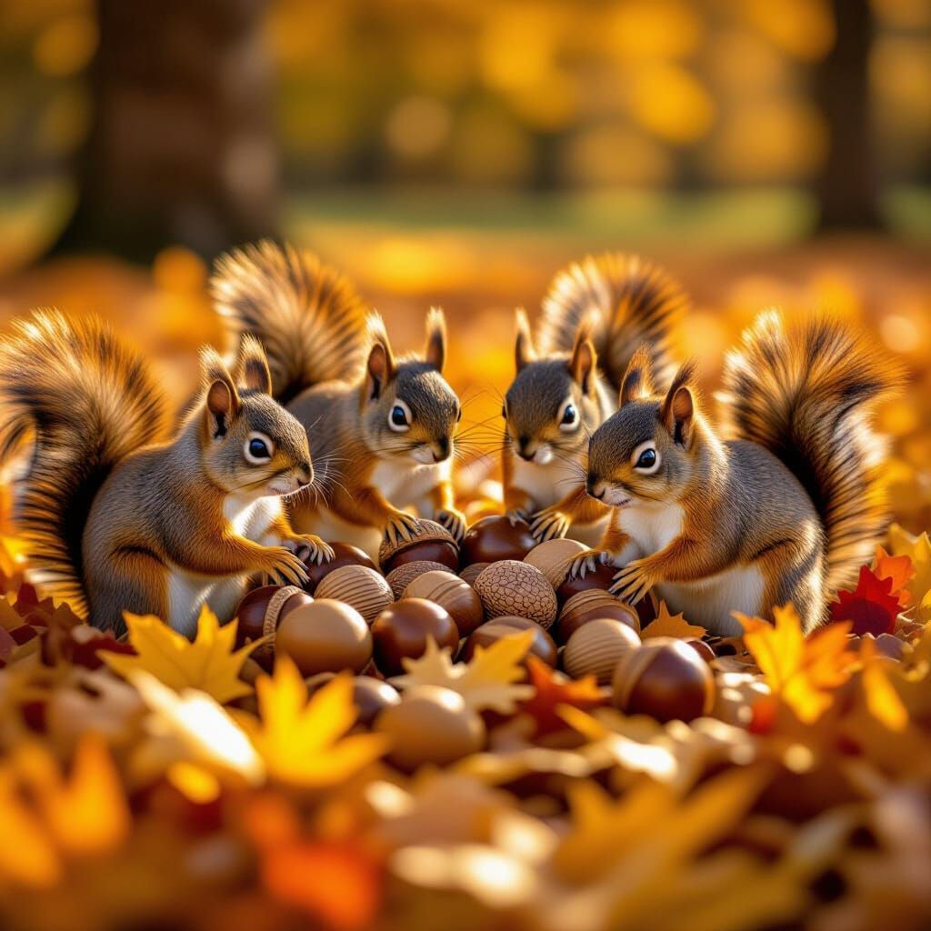 Squirrels Bowling Acorns in Autumn Leaves