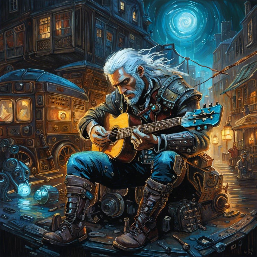 Steampunk Robotic Geralt Plays Guitar in Cyberpunk City