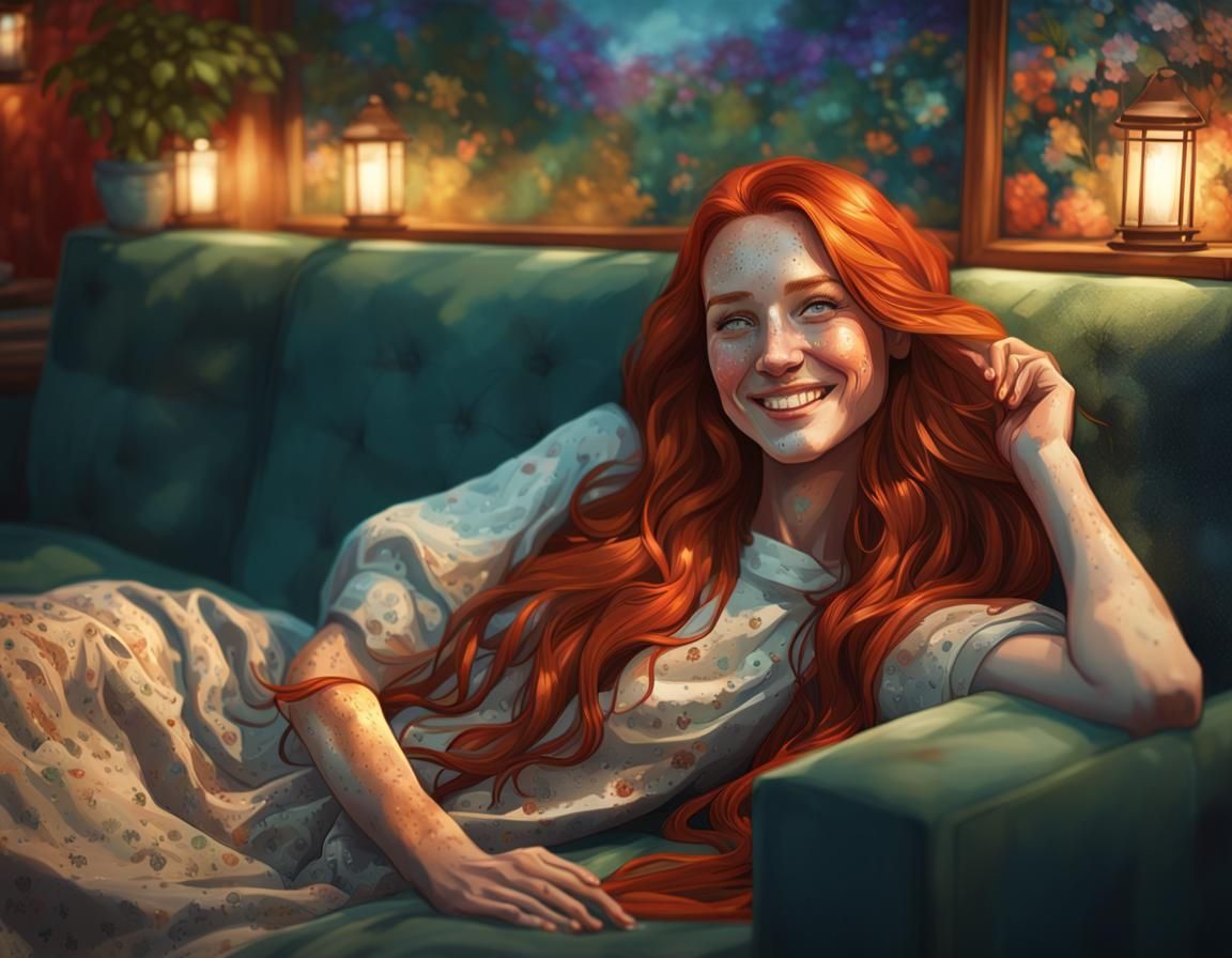Red-haired woman on sofa