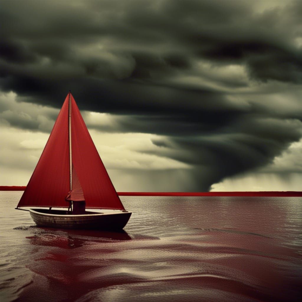 Vintage Boat on Red Lake Under Stormy Sky