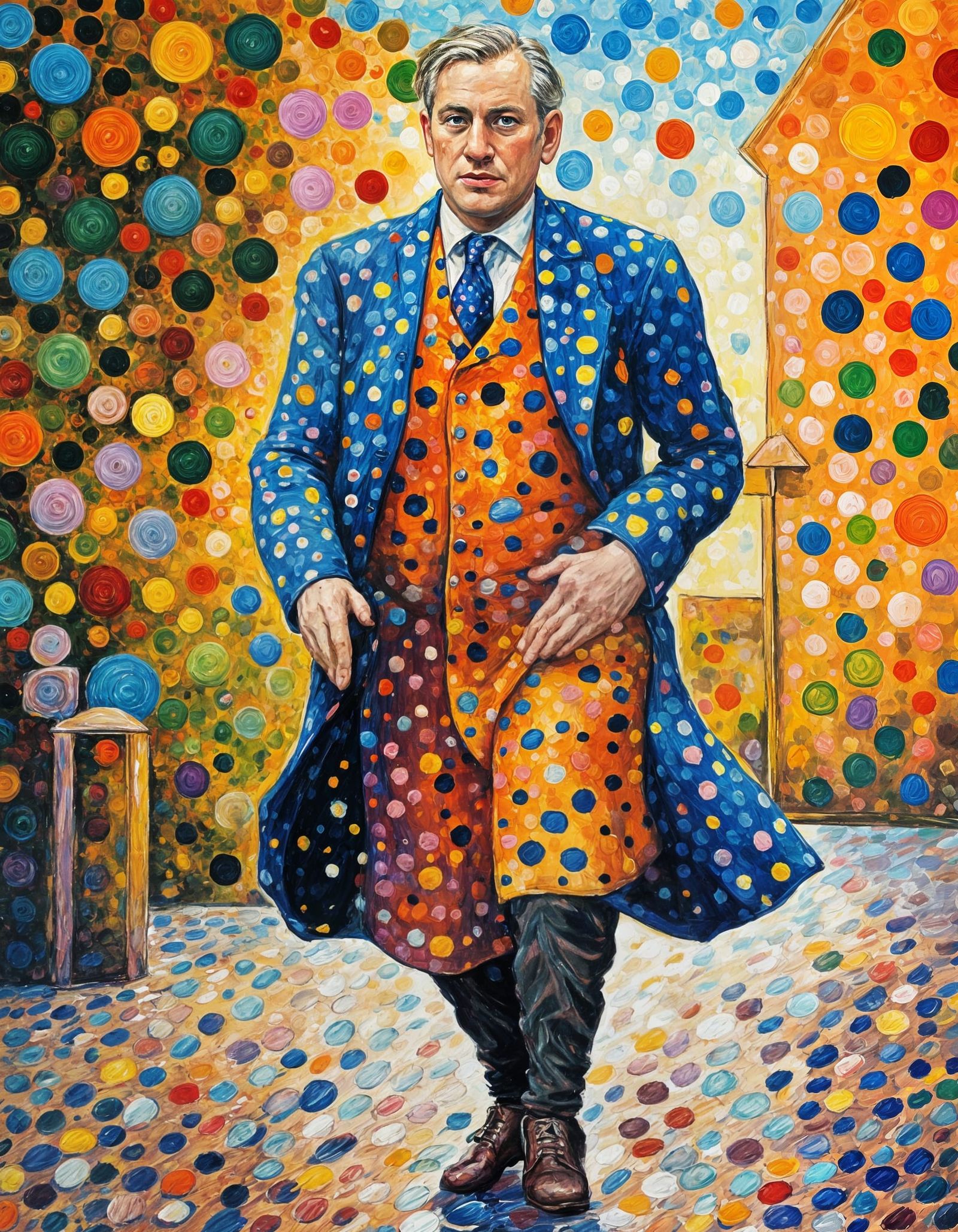 Scottish Man in Polka Dot Dress: Neo-Impressionist Oil Paint...