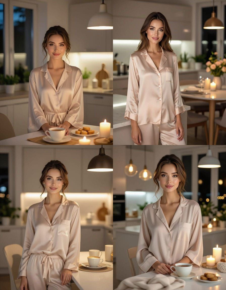 Woman in Muslin Pajamas in Modern Kitchen at Night