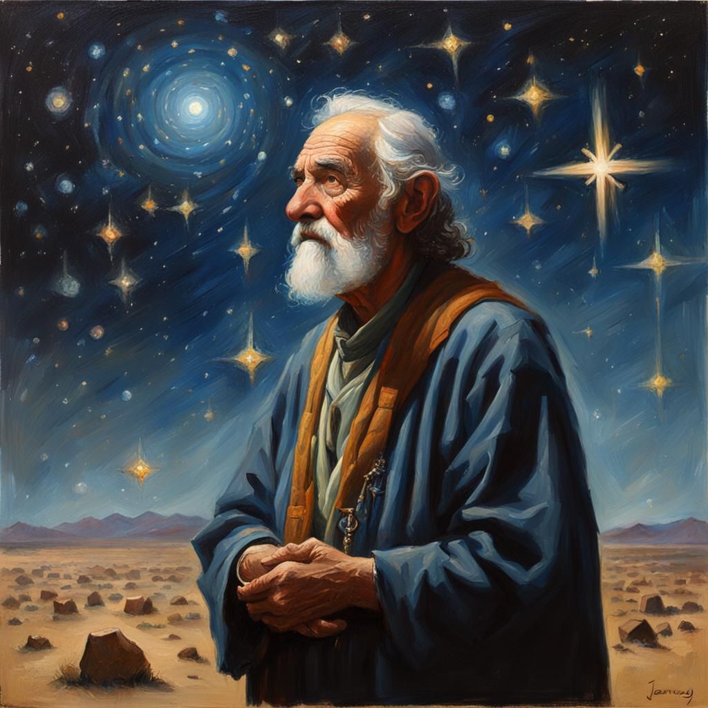 Prophet Contemplates Stars in Oil Painting