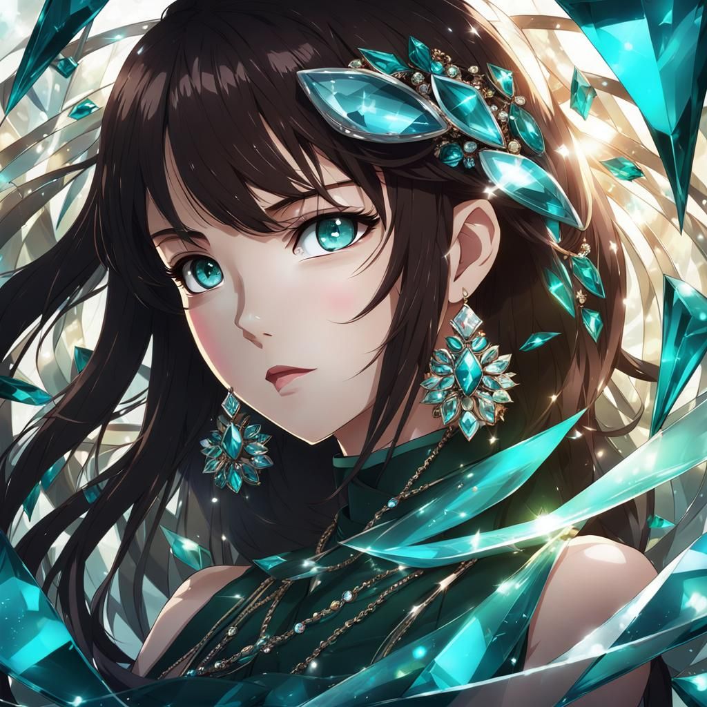 Anime Style Girl with Teal Eyes and Jewels