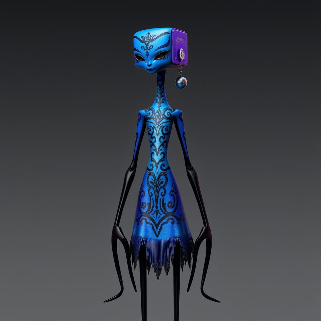 Ethereal Blue Figure in Tribal Cyberpunk Attire
