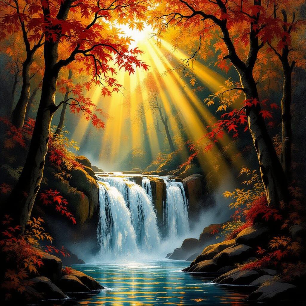 Surreal Autumn Forest Waterfall in Baroque Style