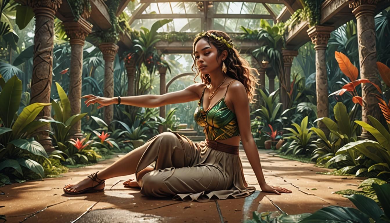 Girl Dancing in Tropical Garden: Hand-Drawn Anime Art