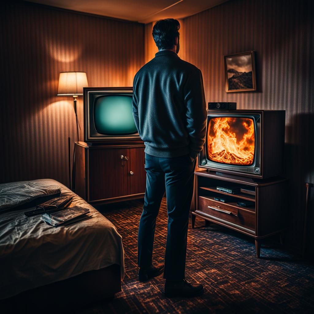 Man Watches Burning TV in Hyperrealistic Hotel Room