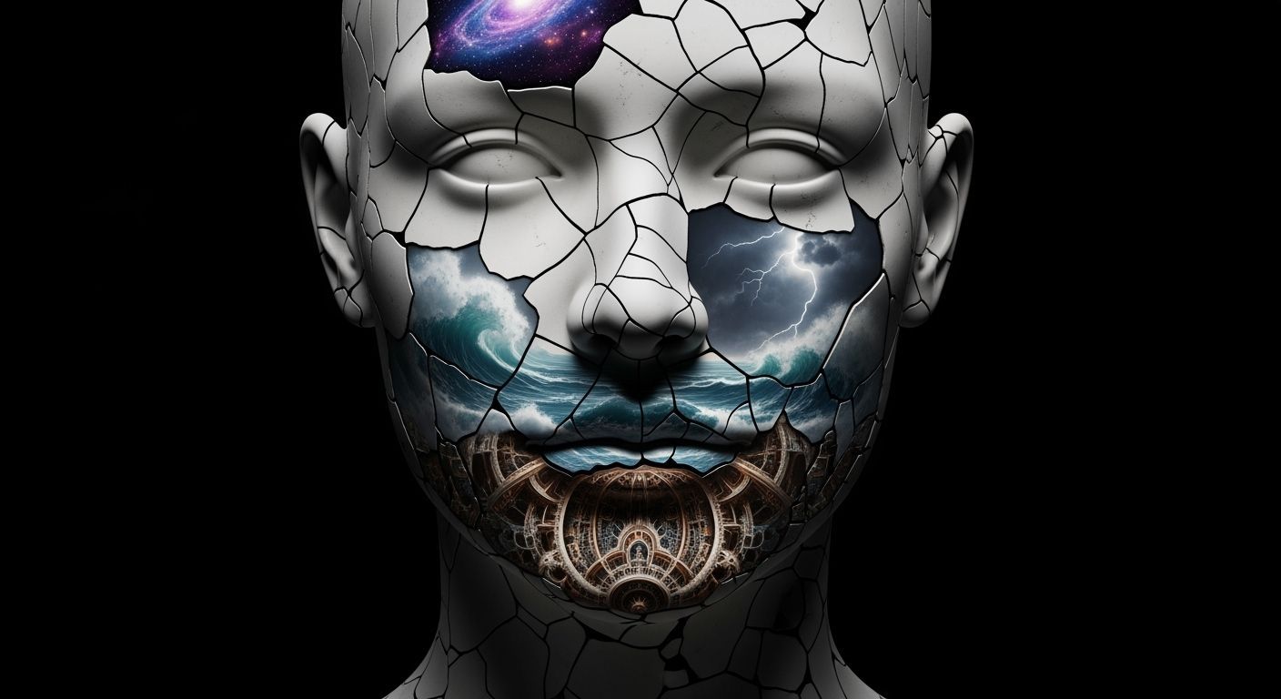 Surreal Fractured Porcelain Face with Nebula and Ocean