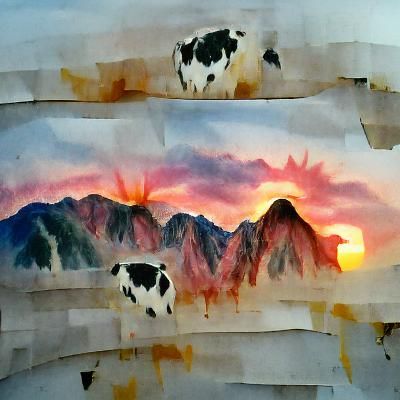 Watercolor Cow at Sunset Mountain Vista