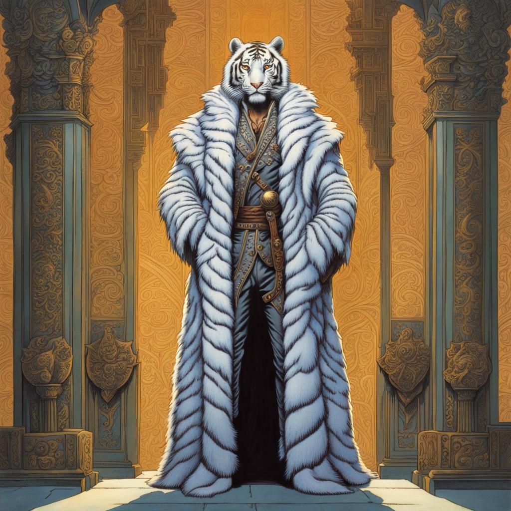 Powerful White Tiger Man in Fur Coat