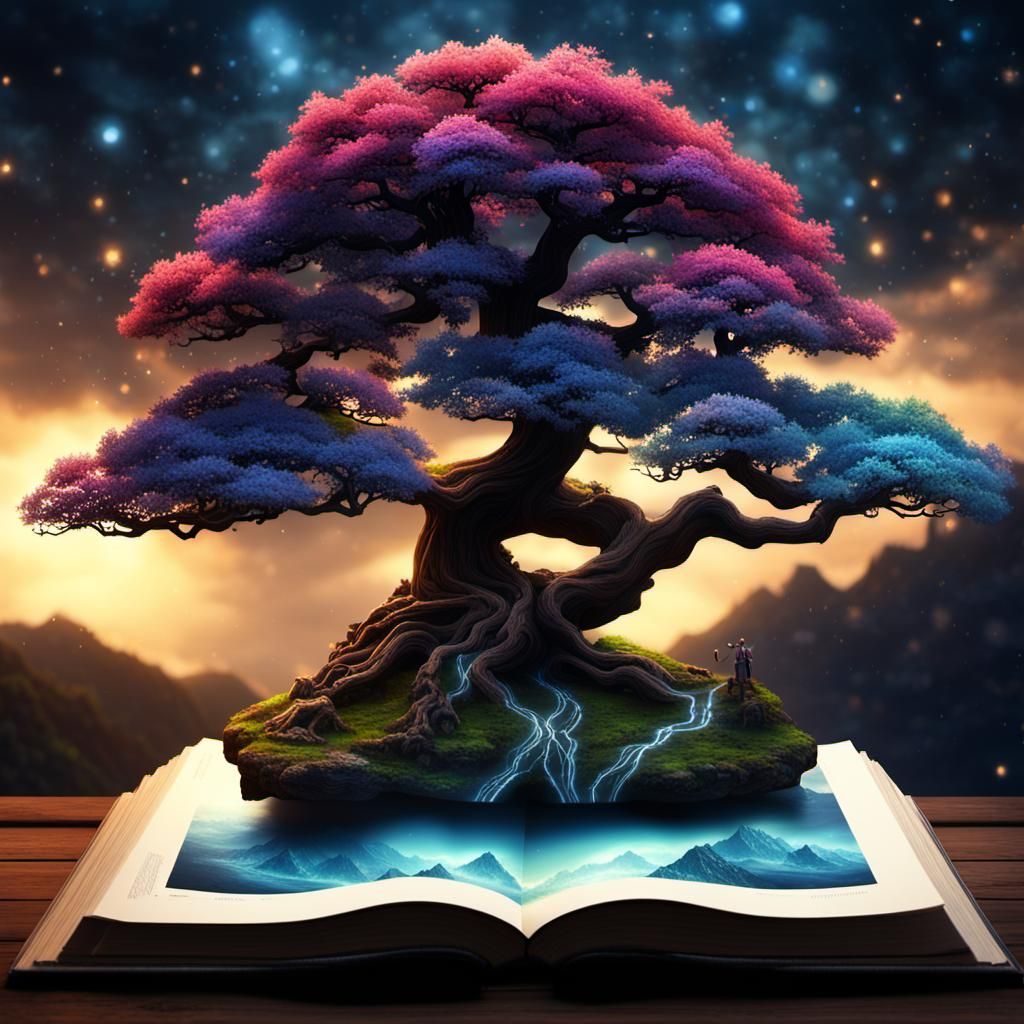 Magical Bonsai Tree Emerging from Book