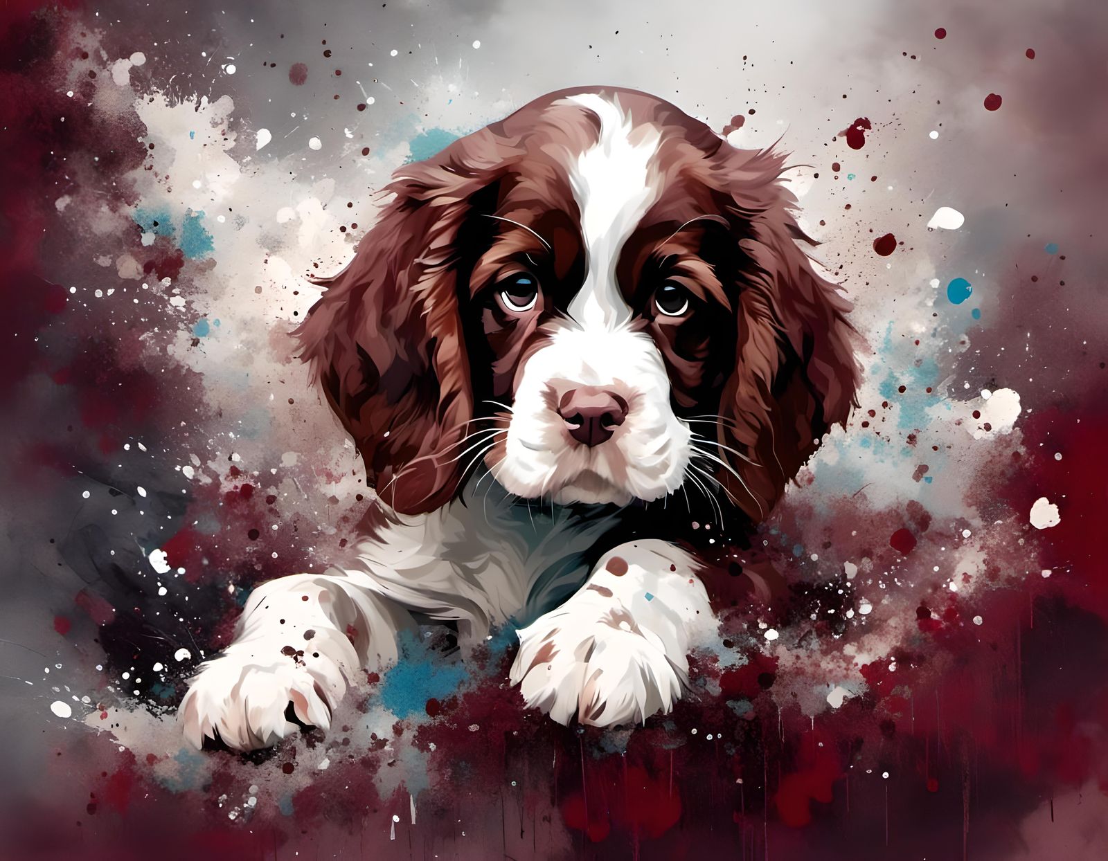 Burgundy Springer Spaniel Puppy in Splash Art Style