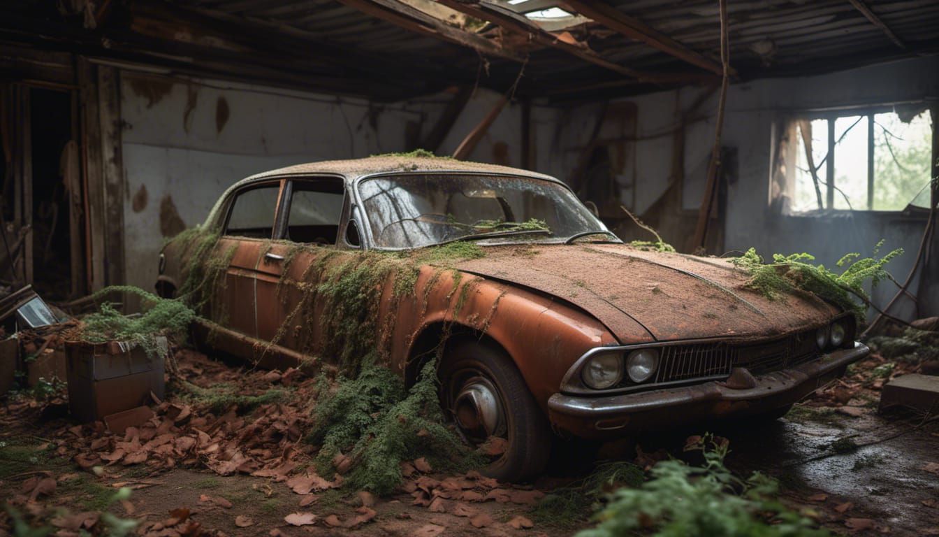 Abandoned Car in Garage: High-Quality Photography