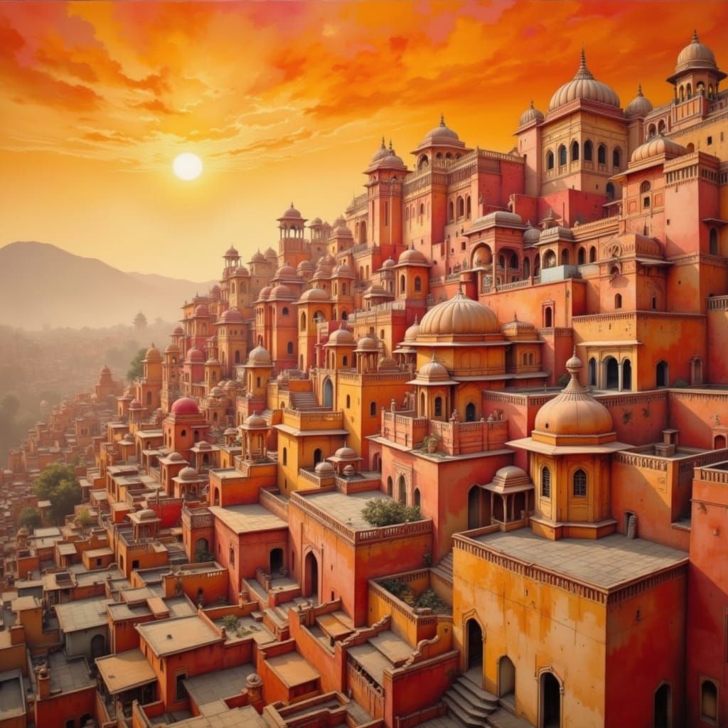 Baroque Jaipur City at Hazy Dawn in Pastel Tones