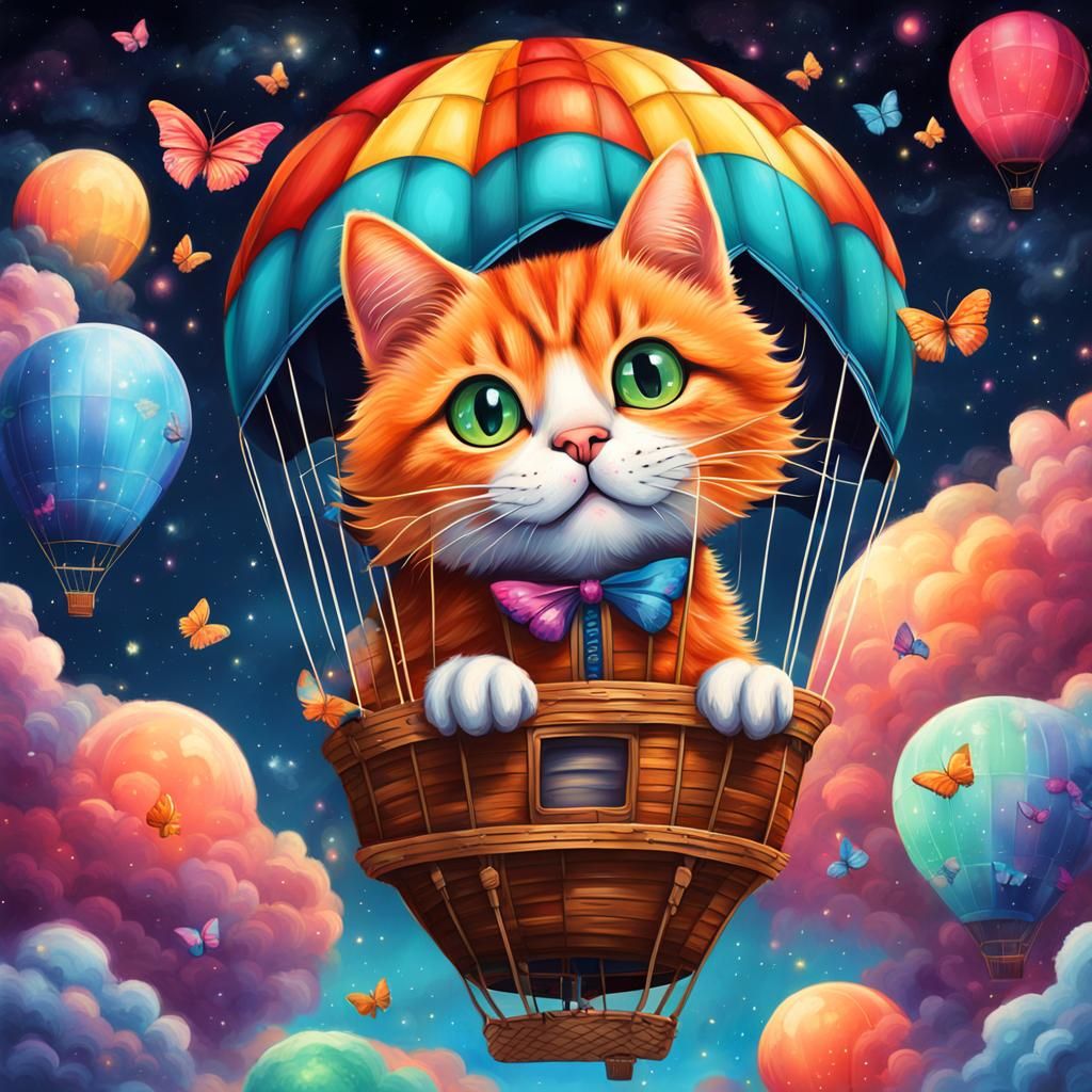 Moon Cat in a hot-air balloon (flying with the butterflies)