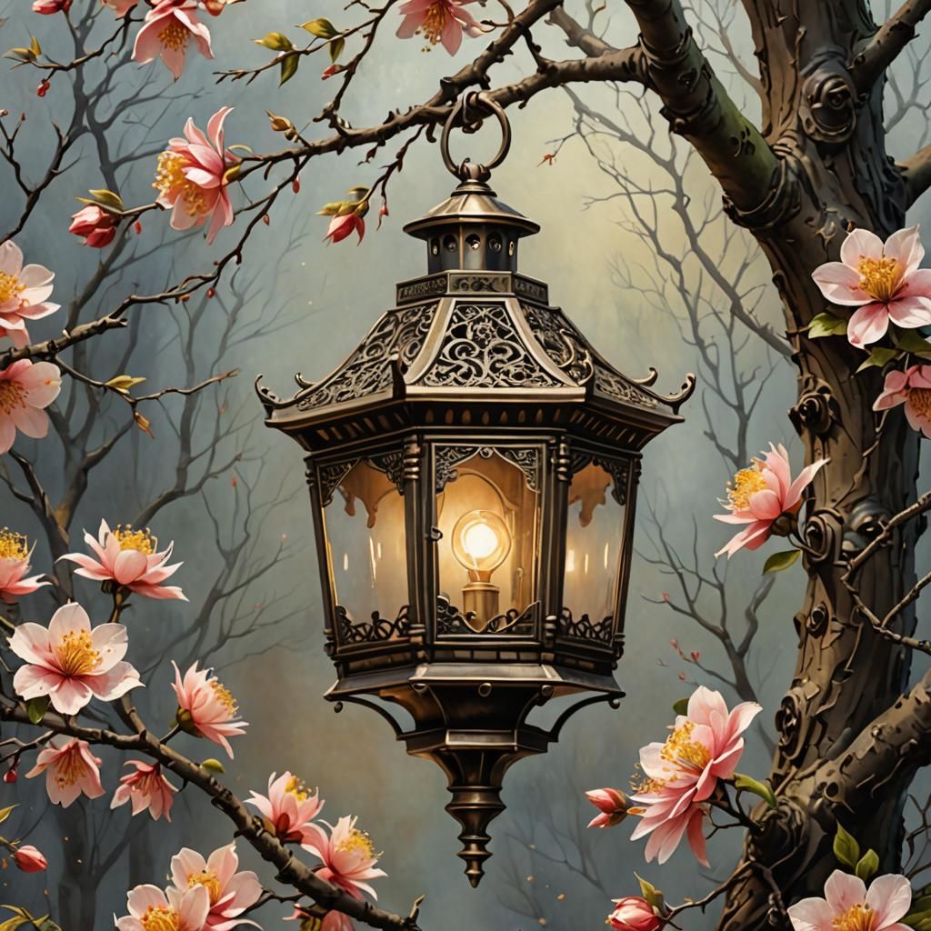 Antique Bronze Lantern with Floral Design in Watercolor