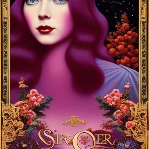 Art Nouveau Portrait of Young Woman with Flowers