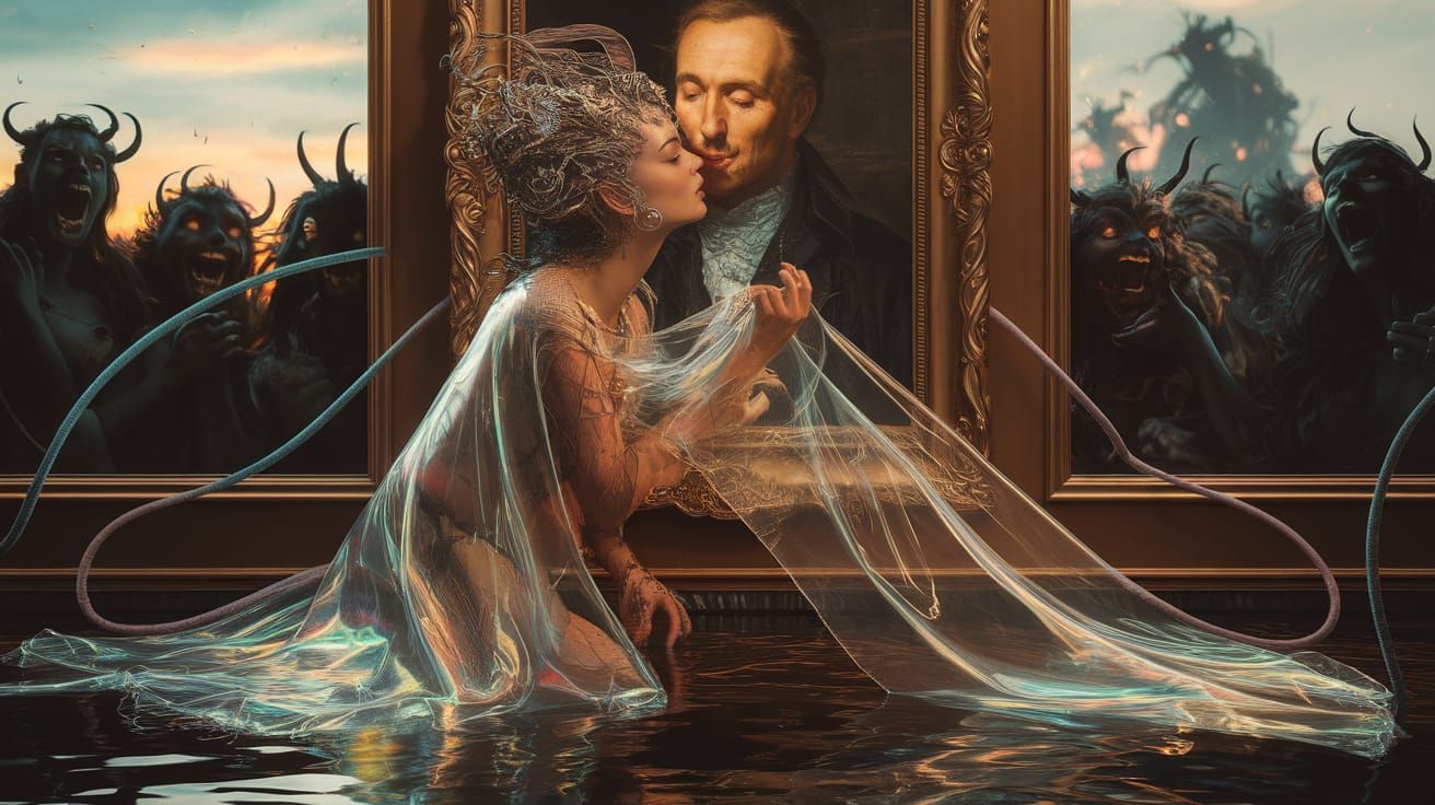 Framed Painting Kissed by Woman in Cyberpunk Style