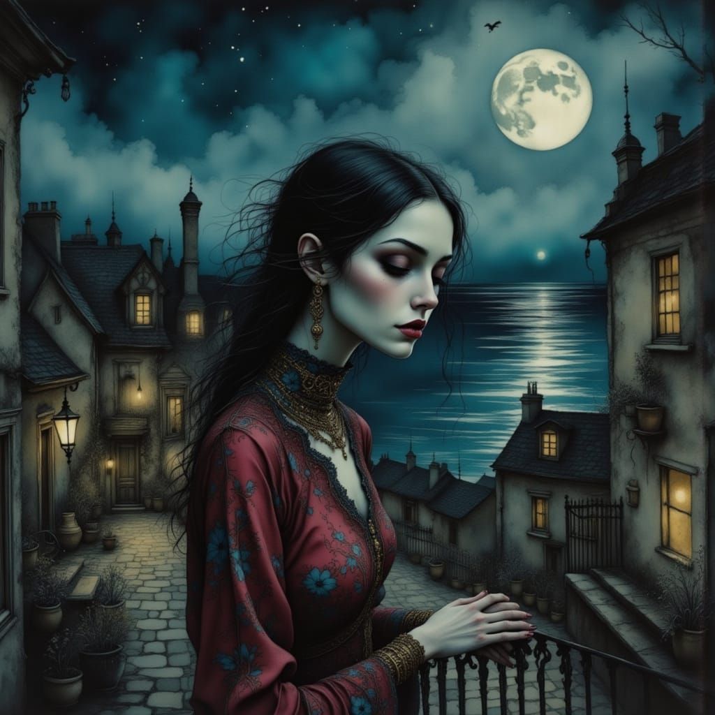Exotic woman on the terrace under the moon