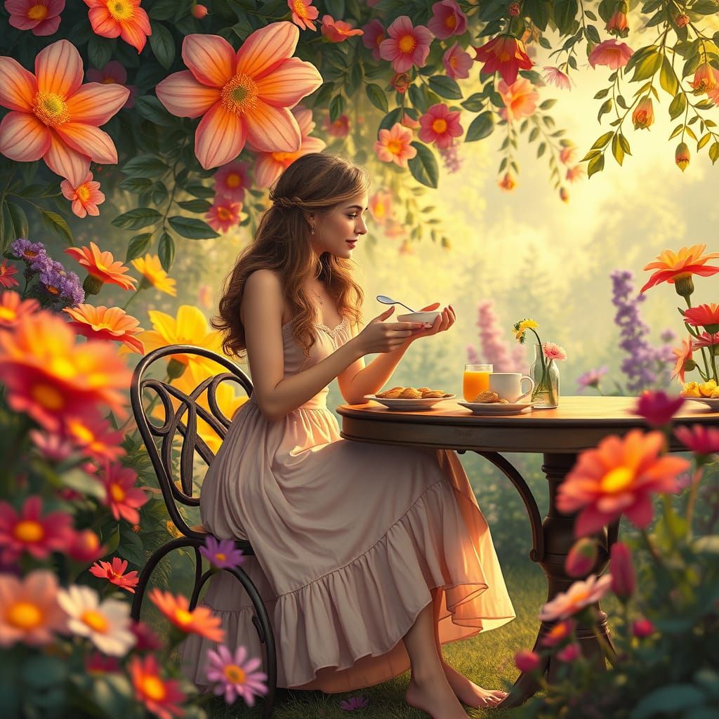 Breakfast in Enchanted Garden: A Whimsical Scene