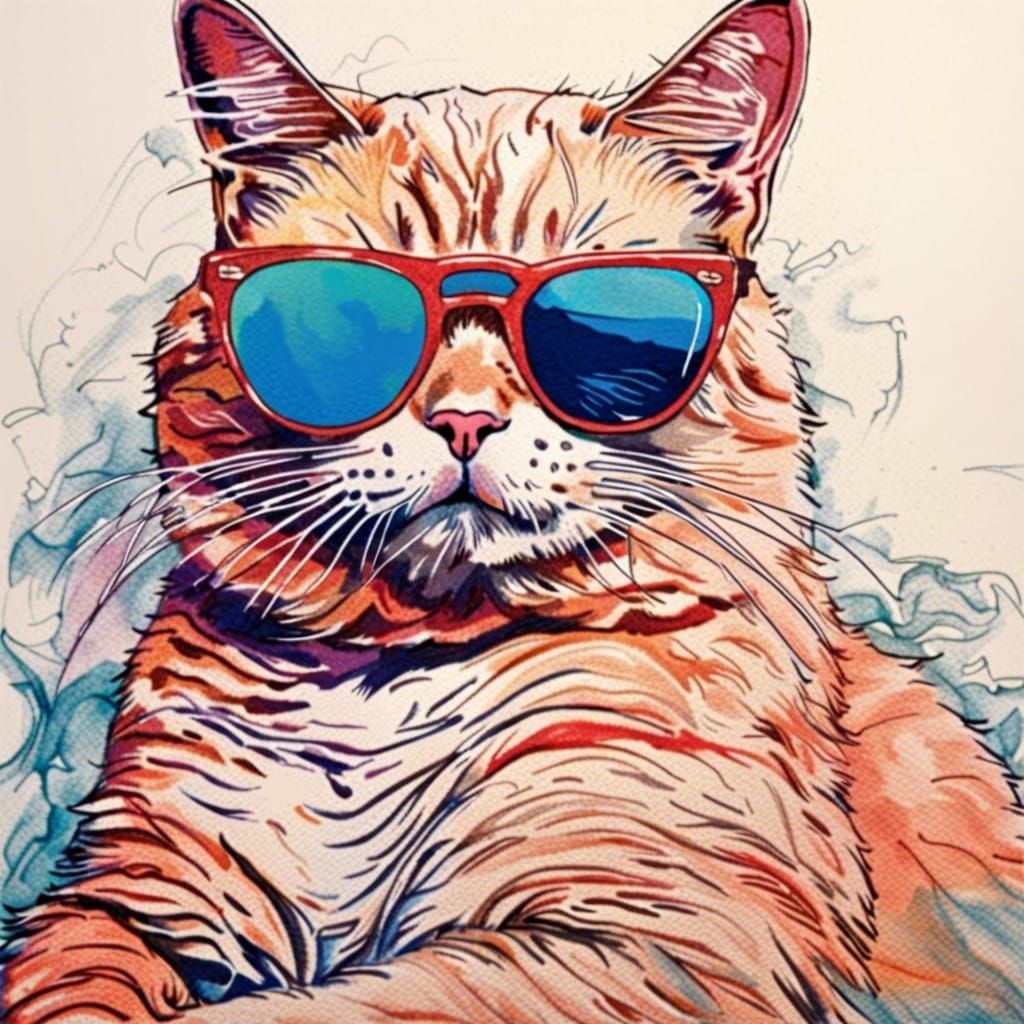Cat with Sunglasses in Colored Ink Drawing