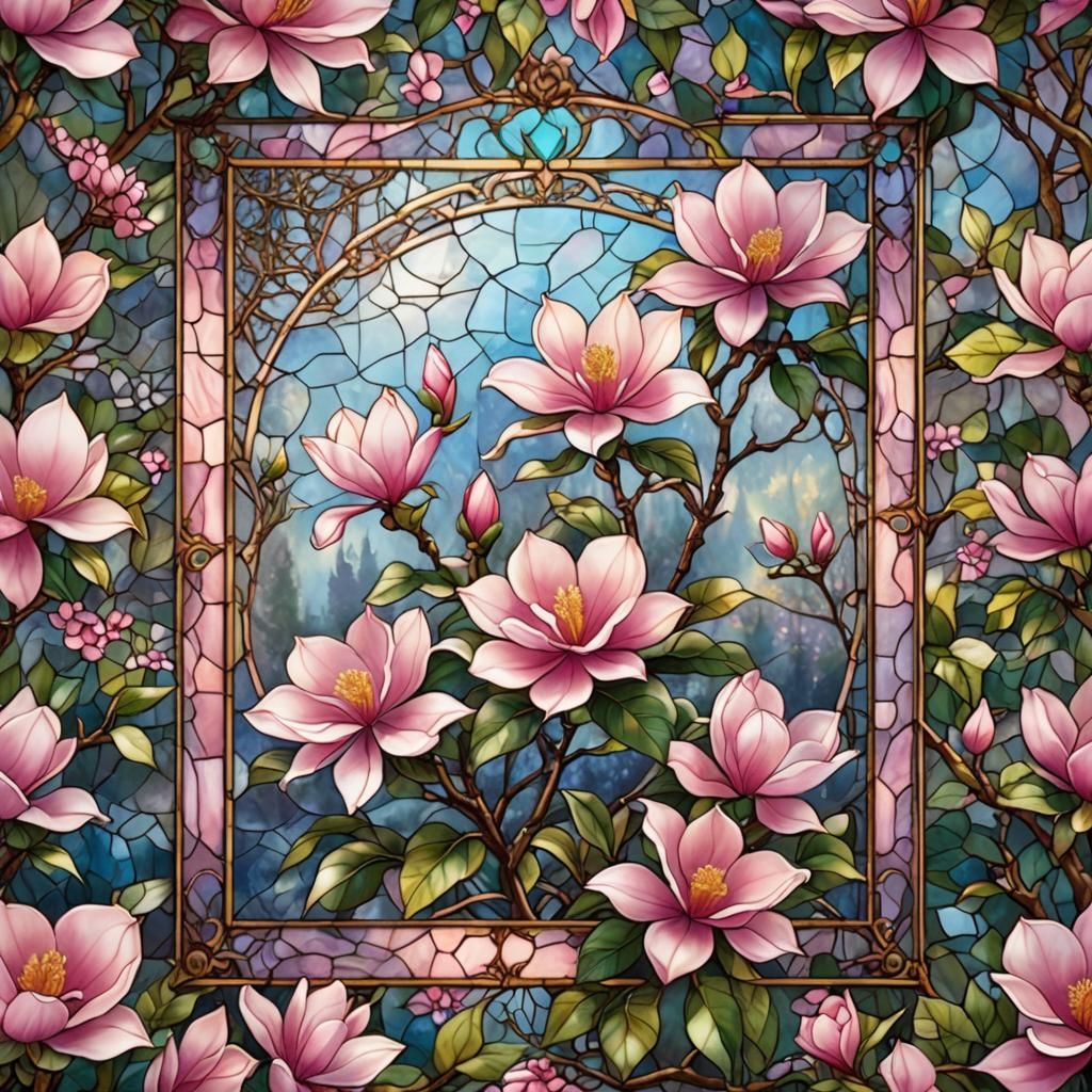 Pink Magnolia Stained Glass in Ethereal Fantasy Style