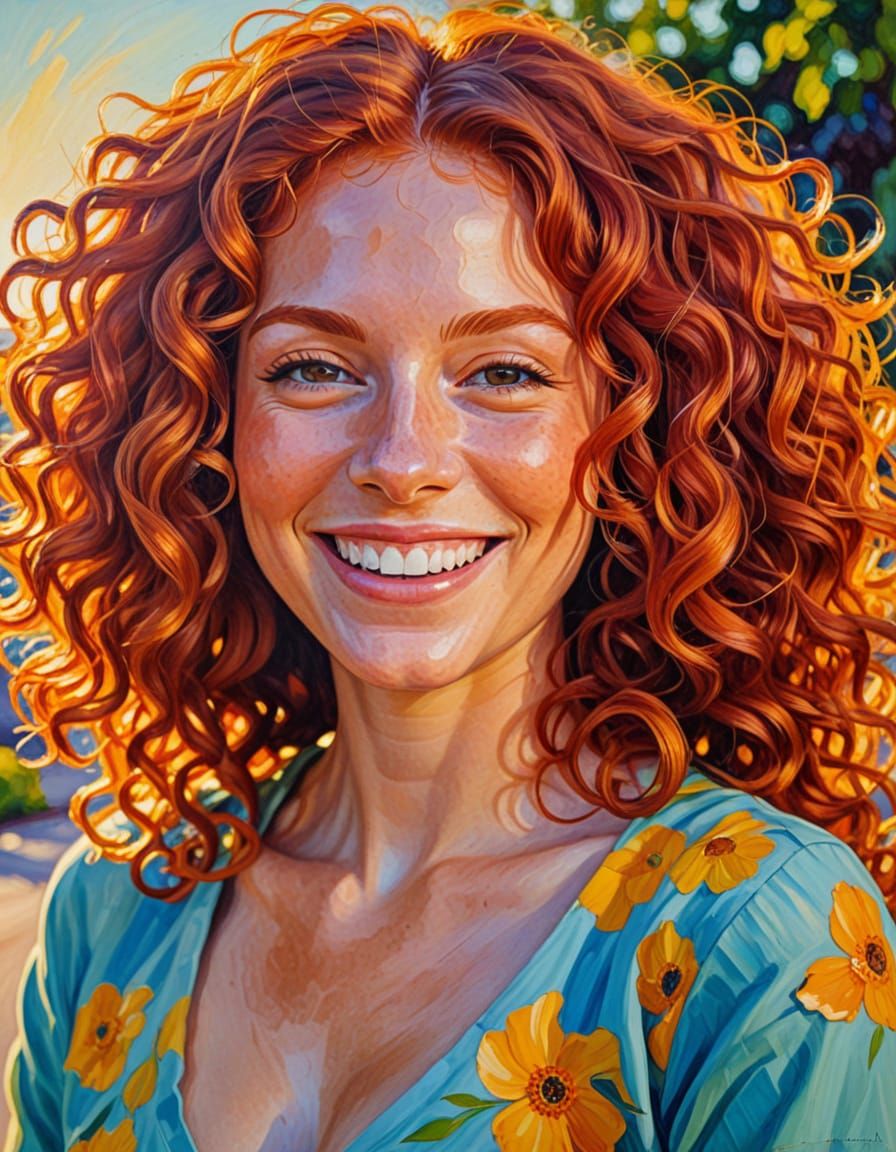 Joyful Redhead Woman in Vibrant Oil Painting