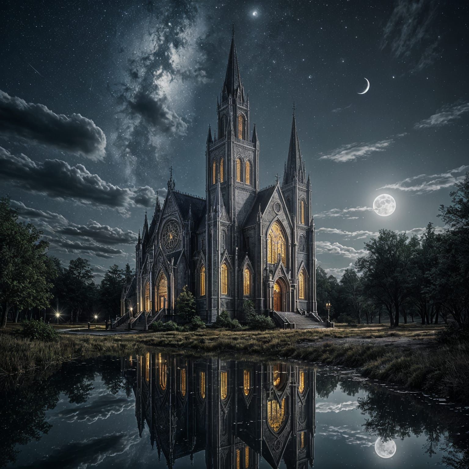 Metallic Gothic Church Reflecting Moonlight