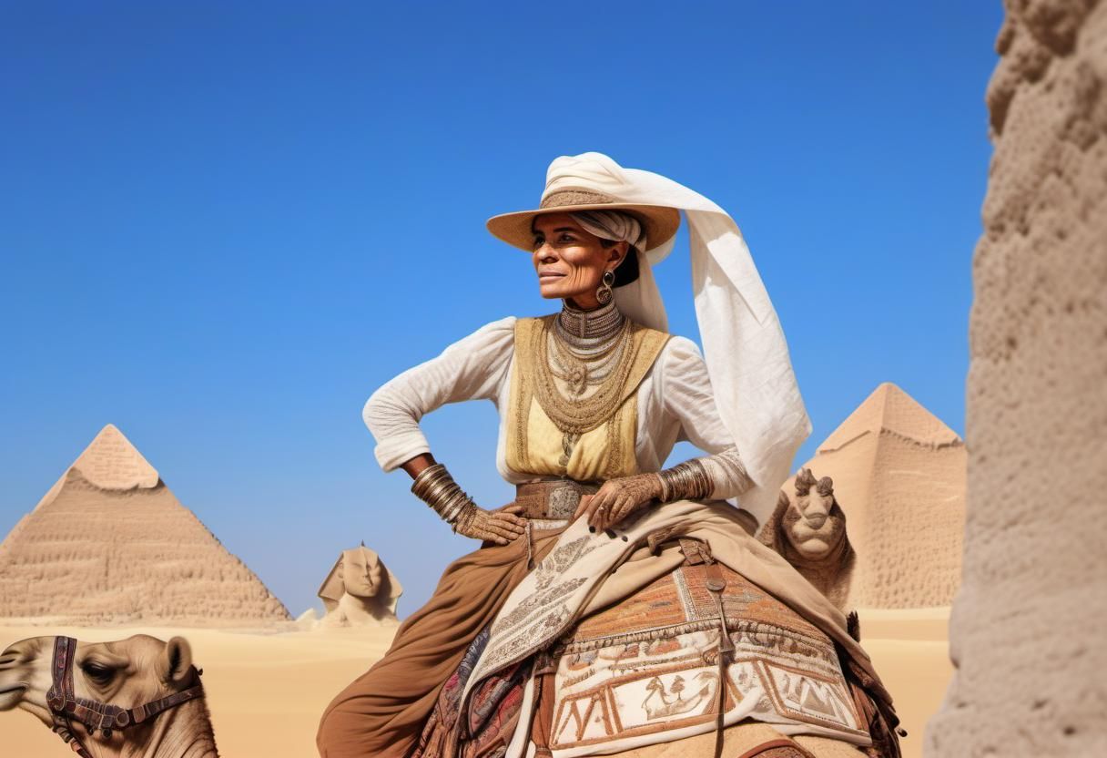Woman on Camel at Pyramids: Detailed Ink Drawing