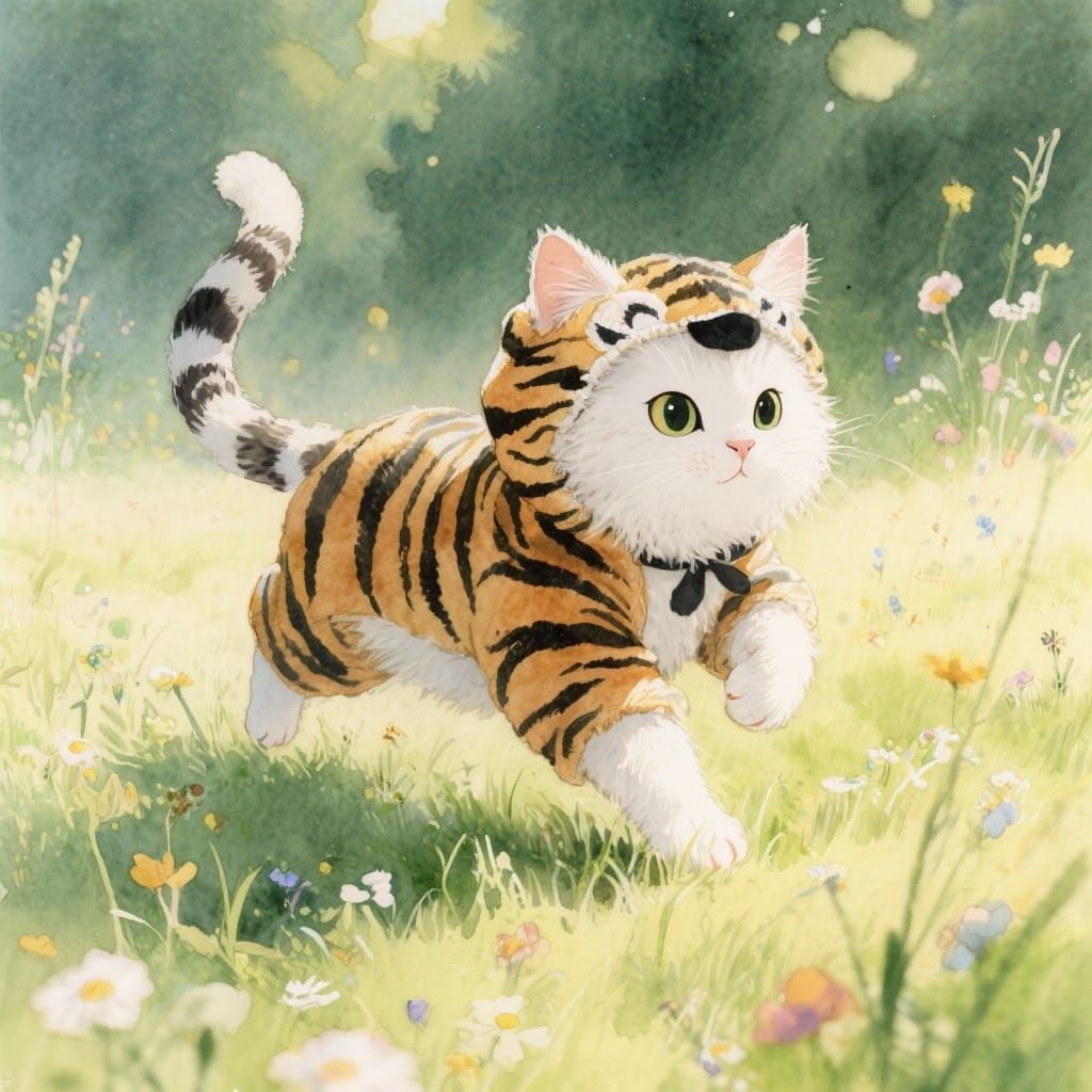 Fluffy Cat in Tiger Costume Pounces in Meadow