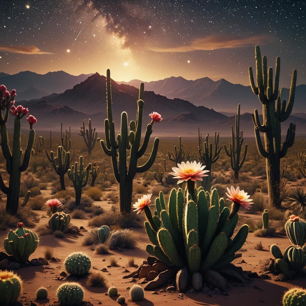 Blooming Cactus Under Starry Sky: Renaissance Style