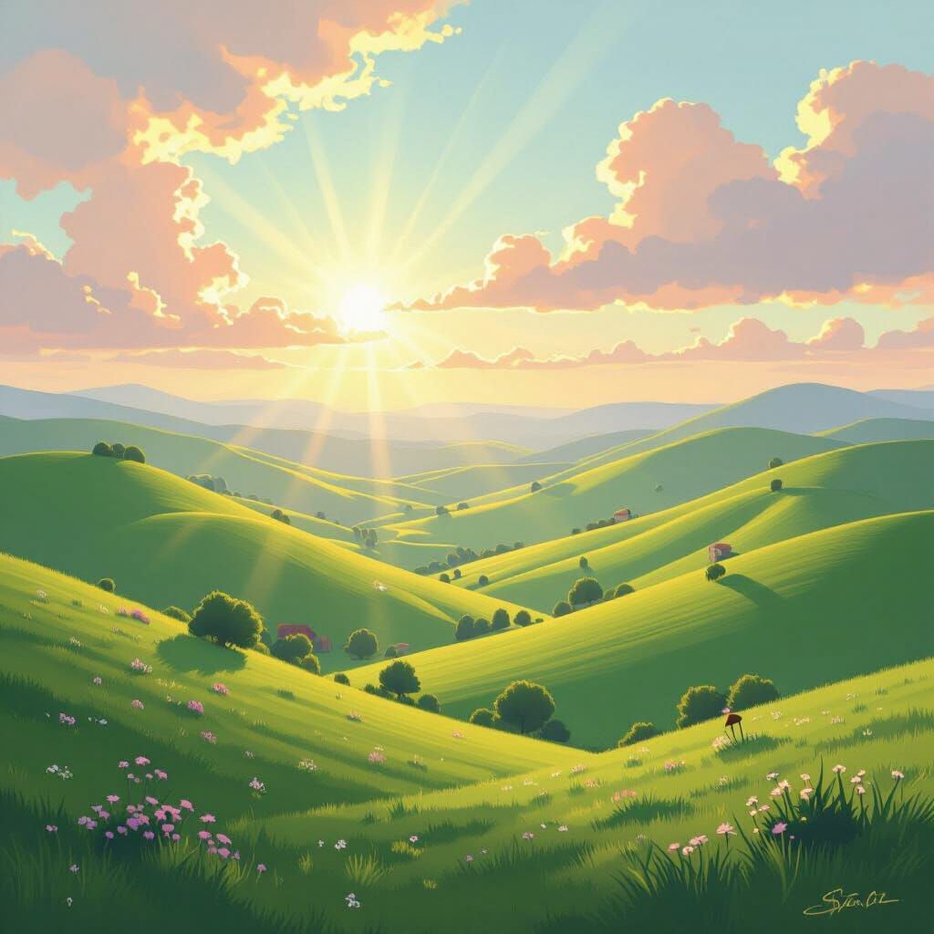 Sun-Drenched Landscape in Dreamy Digital Art Style