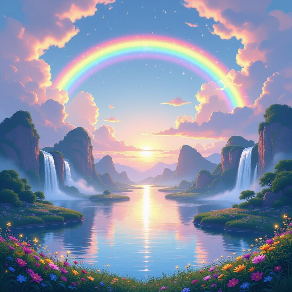 Floating Islands with Rainbow in Anime Style
