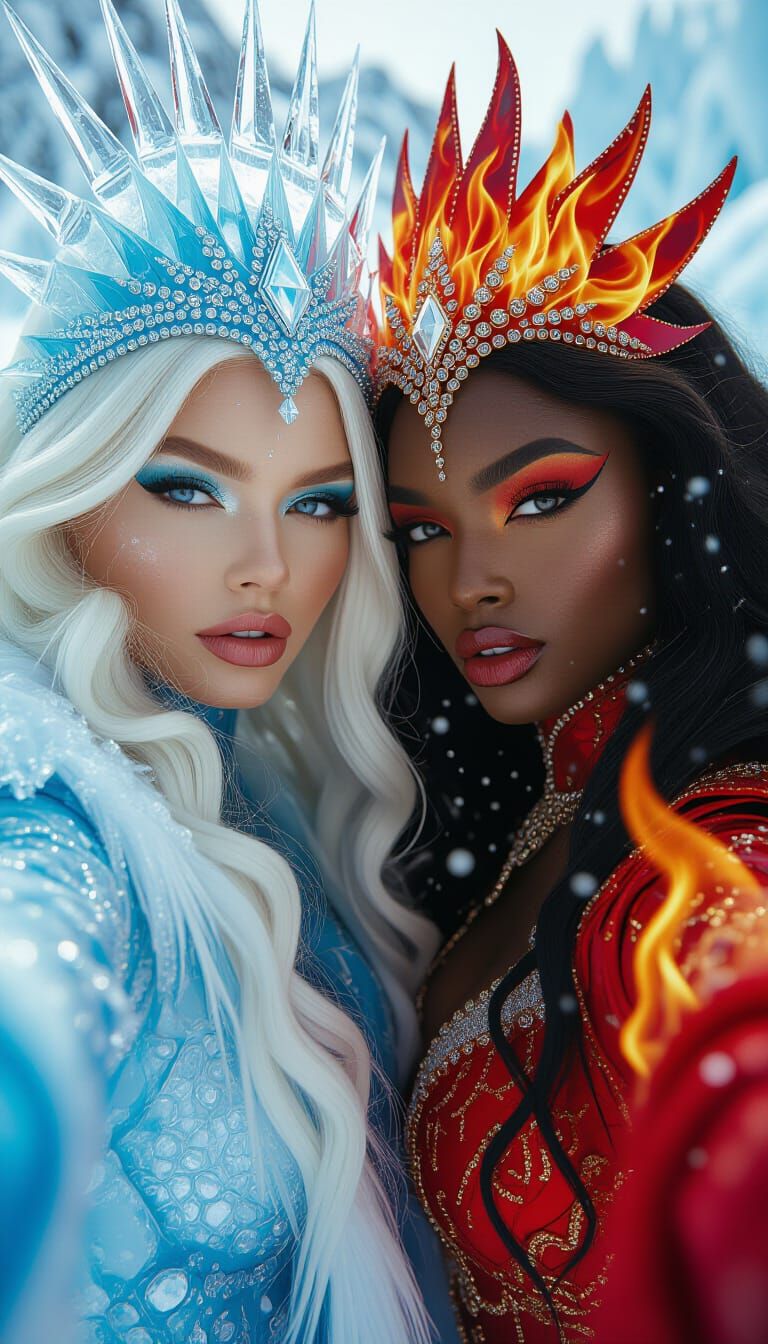 Ice and Fire Goddesses Selfie in Fantasy Style