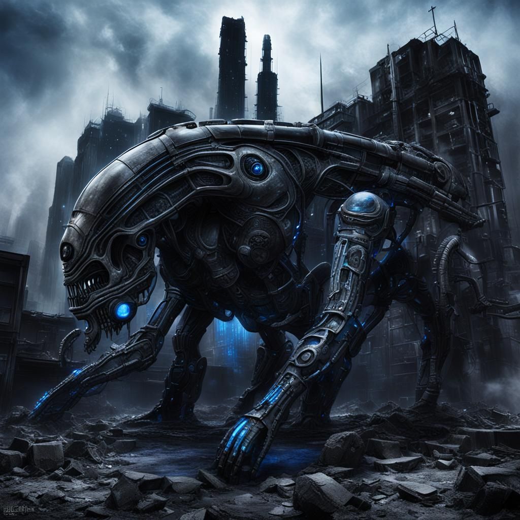 Biomechanical Beast Emerges from Ruin in Neon Grit